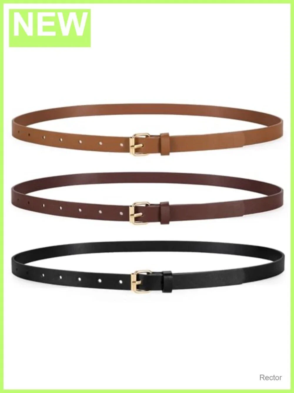 Women Skinny Faux Leather Belt for Jeans, 3 Pack with Gold Buckle